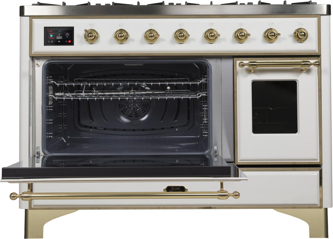 ILVE 48-Inch Majestic II Dual Fuel Range with 8 Burners and Griddle - 5.02 cu. ft. Oven - Brass Trim in White (UM12FDNS3WHG)