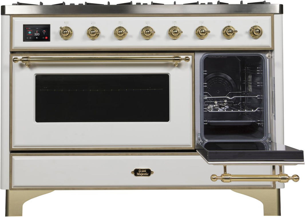 ILVE 48-Inch Majestic II Dual Fuel Range with 8 Burners and Griddle - 5.02 cu. ft. Oven - Brass Trim in White (UM12FDNS3WHG)