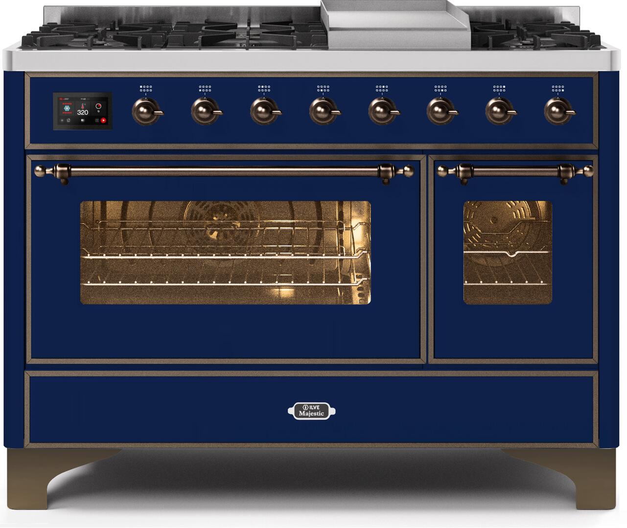 ILVE 48-Inch Majestic II Dual Fuel Range with 8 Burners and Griddle - 5.02 cu. ft. Oven - Bronze in Midnight Blue (UM12FDNS3MBB)