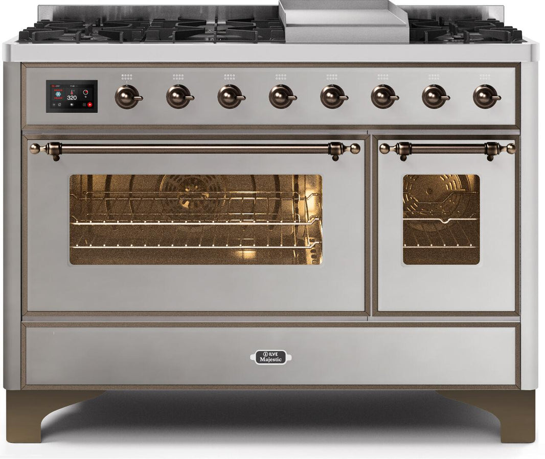 ILVE 48-Inch Majestic II Dual Fuel Range with 8 Burners and Griddle - 5.02 cu. ft. Oven - Bronze Trim in Stainless Steel (UM12FDNS3SSB)