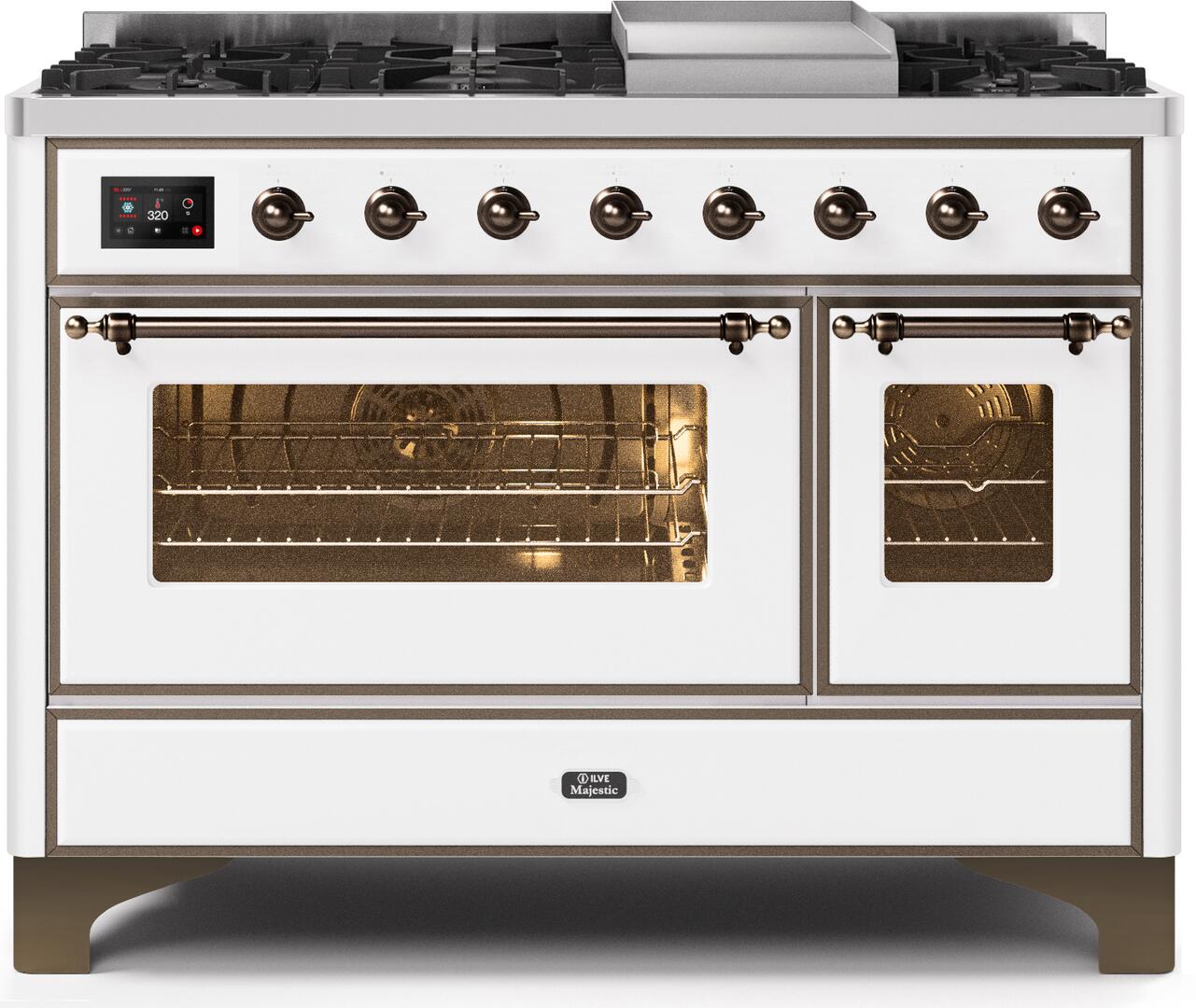 ILVE 48-Inch Majestic II Dual Fuel Range with 8 Burners and Griddle - 5.02 cu. ft. Oven - Bronze Trim in White (UM12FDNS3WHB)