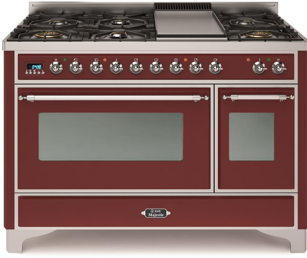 ILVE 48-Inch Majestic II Dual Fuel Range with 8 Burners and Griddle - 5.02 cu. ft. Oven - Chrome Trim in Burgundy (UM12FDNS3BUC)