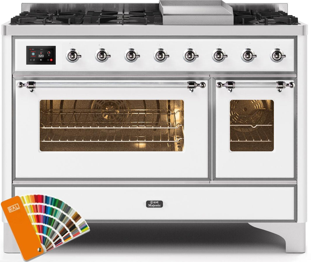 ILVE 48-Inch Majestic II Dual Fuel Range with 8 Burners and Griddle - 5.02 cu. ft. Oven - Chrome Trim in Custom RAL Color (UM12FDNS3RALC)