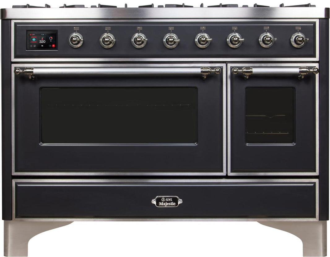 ILVE 48-Inch Majestic II Dual Fuel Range with 8 Burners and Griddle - 5.02 cu. ft. Oven - Chrome Trim in Matte Graphite (UM12FDNS3MGC)