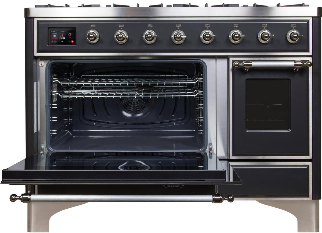 ILVE 48-Inch Majestic II Dual Fuel Range with 8 Burners and Griddle - 5.02 cu. ft. Oven - Chrome Trim in Matte Graphite (UM12FDNS3MGC)