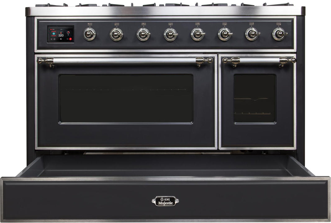 ILVE 48-Inch Majestic II Dual Fuel Range with 8 Burners and Griddle - 5.02 cu. ft. Oven - Chrome Trim in Matte Graphite (UM12FDNS3MGC)