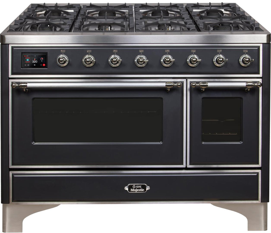 ILVE 48-Inch Majestic II Dual Fuel Range with 8 Burners and Griddle - 5.02 cu. ft. Oven - Chrome Trim in Matte Graphite (UM12FDNS3MGC)