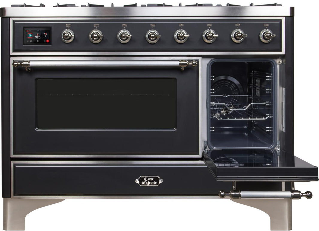 ILVE 48-Inch Majestic II Dual Fuel Range with 8 Burners and Griddle - 5.02 cu. ft. Oven - Chrome Trim in Matte Graphite (UM12FDNS3MGC)