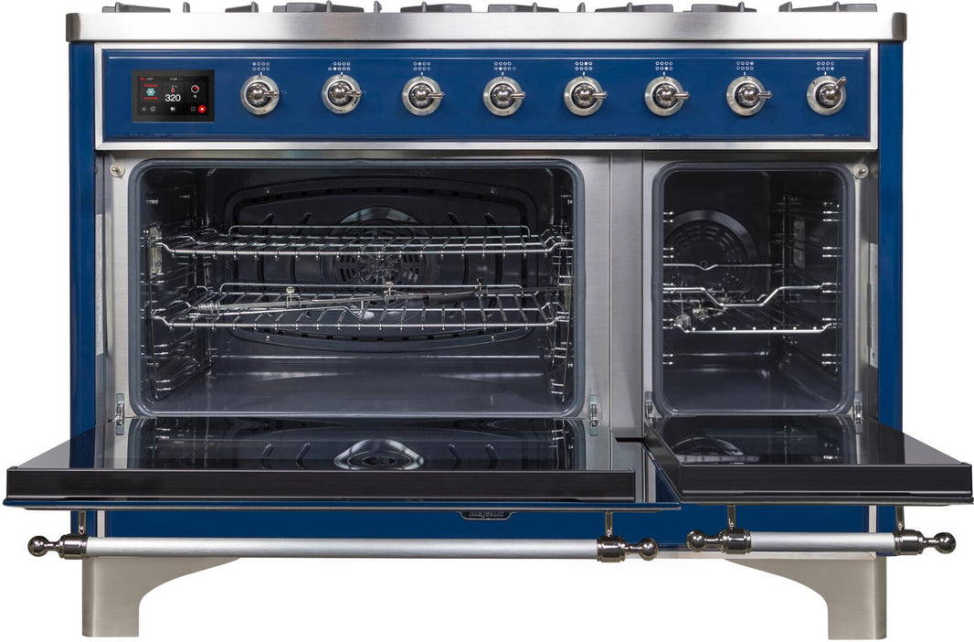 ILVE 48-Inch Majestic II Dual Fuel Range with 8 Burners and Griddle - 5.02 cu. ft. Oven - Chrome Trim in Midnight Blue (UM12FDNS3MBC)