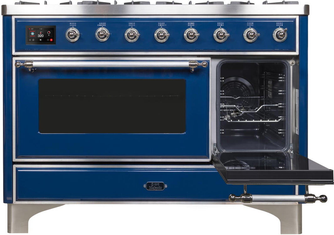 ILVE 48-Inch Majestic II Dual Fuel Range with 8 Burners and Griddle - 5.02 cu. ft. Oven - Chrome Trim in Midnight Blue (UM12FDNS3MBC)