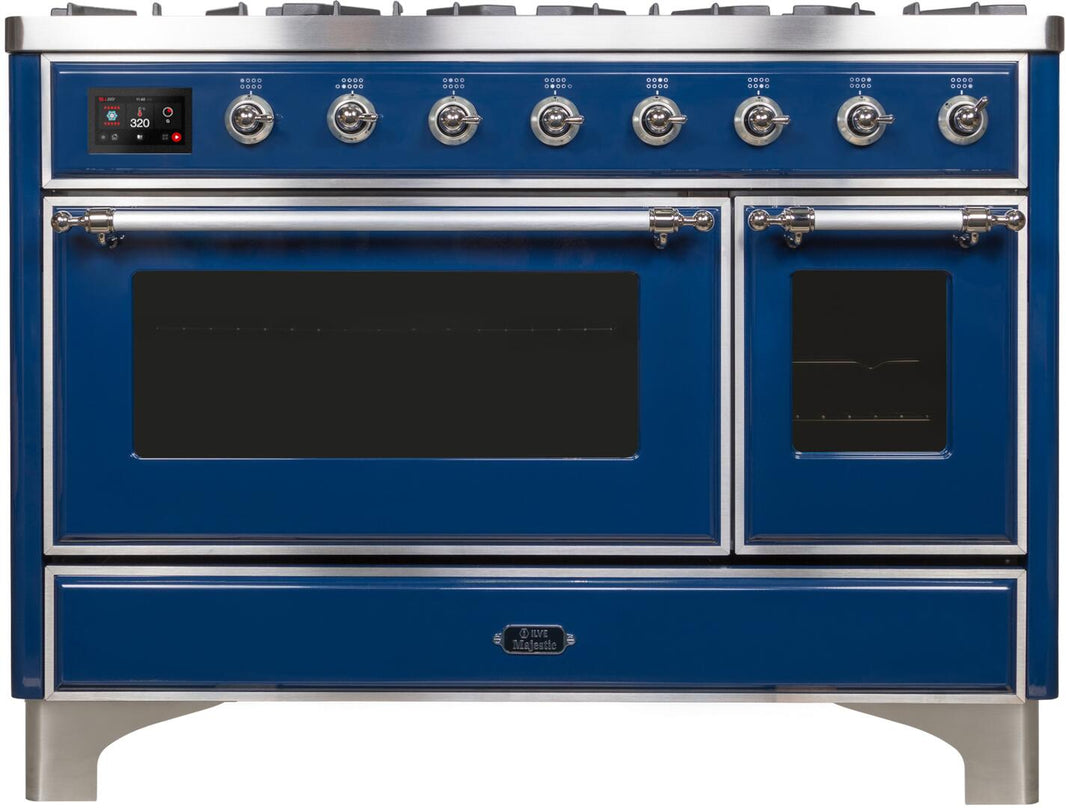 ILVE 48-Inch Majestic II Dual Fuel Range with 8 Burners and Griddle - 5.02 cu. ft. Oven - Chrome Trim in Midnight Blue (UM12FDNS3MBC)