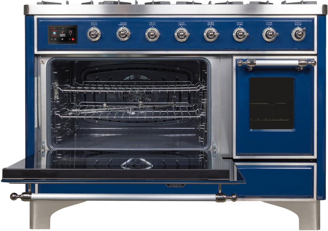 ILVE 48-Inch Majestic II Dual Fuel Range with 8 Burners and Griddle - 5.02 cu. ft. Oven - Chrome Trim in Midnight Blue (UM12FDNS3MBC)