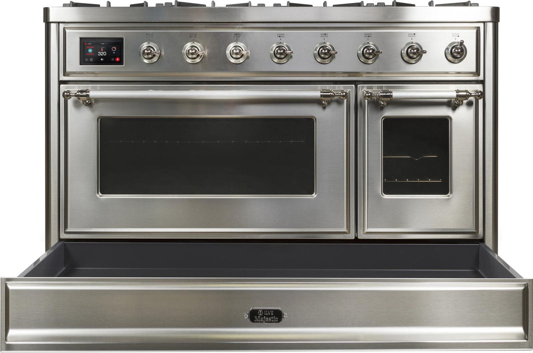 ILVE 48-Inch Majestic II Dual Fuel Range with 8 Burners and Griddle - 5.02 cu. ft. Oven - Chrome Trim in Stainless Steel (UM12FDNS3SSC)