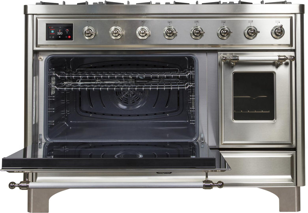 ILVE 48-Inch Majestic II Dual Fuel Range with 8 Burners and Griddle - 5.02 cu. ft. Oven - Chrome Trim in Stainless Steel (UM12FDNS3SSC)