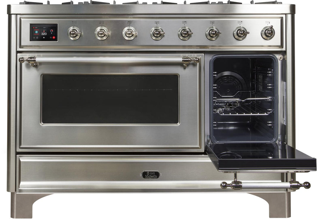 ILVE 48-Inch Majestic II Dual Fuel Range with 8 Burners and Griddle - 5.02 cu. ft. Oven - Chrome Trim in Stainless Steel (UM12FDNS3SSC)