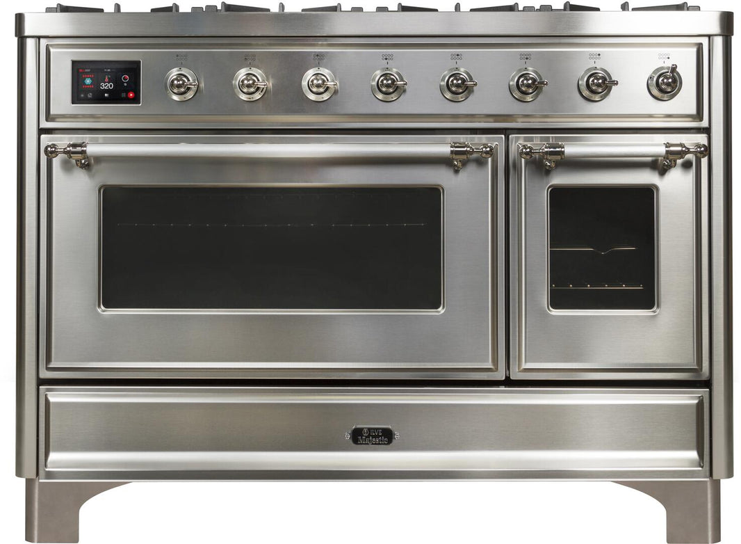 ILVE 48-Inch Majestic II Dual Fuel Range with 8 Burners and Griddle - 5.02 cu. ft. Oven - Chrome Trim in Stainless Steel (UM12FDNS3SSC)