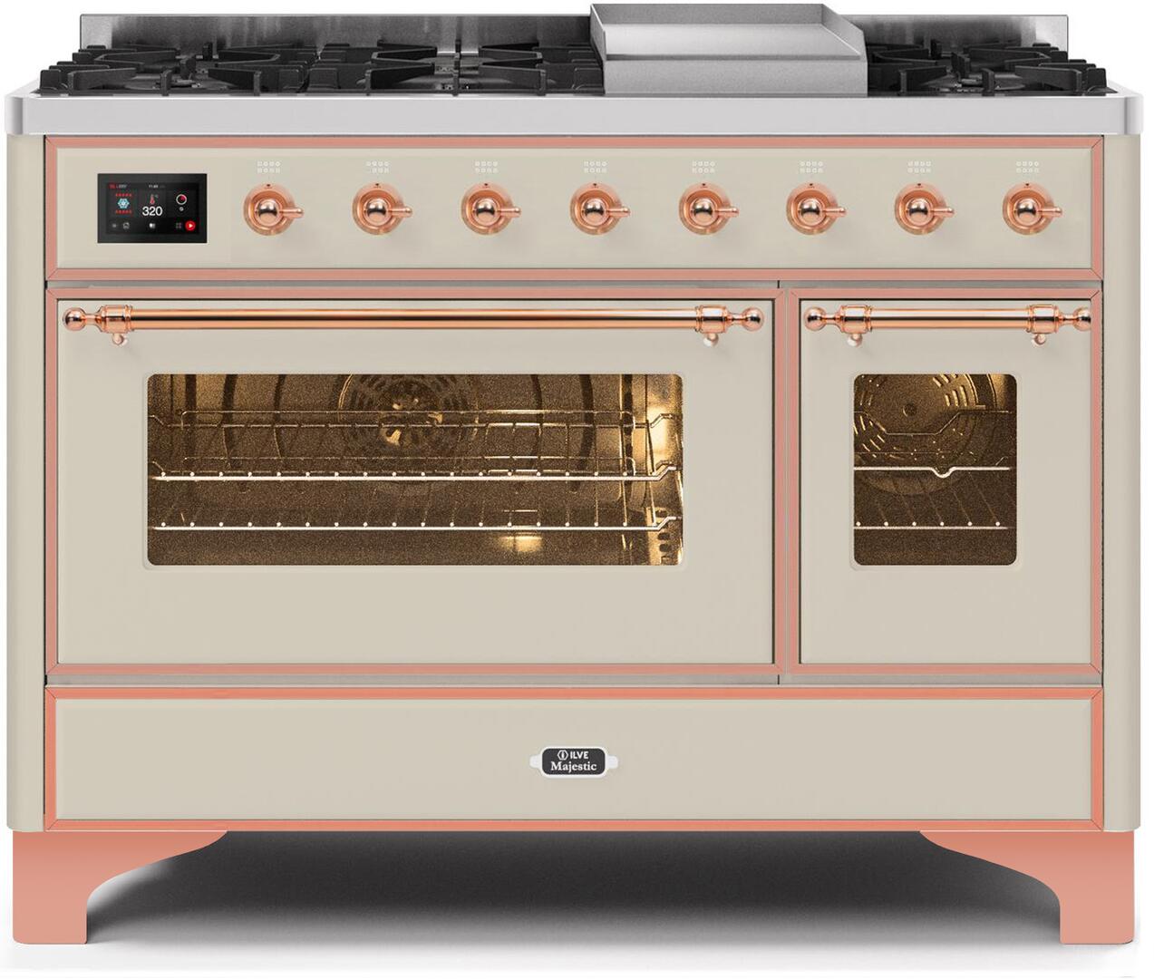 ILVE 48-Inch Majestic II Dual Fuel Range with 8 Burners and Griddle - 5.02 cu. ft. Oven - Copper Trim in Antique White (UM12FDNS3AWP)