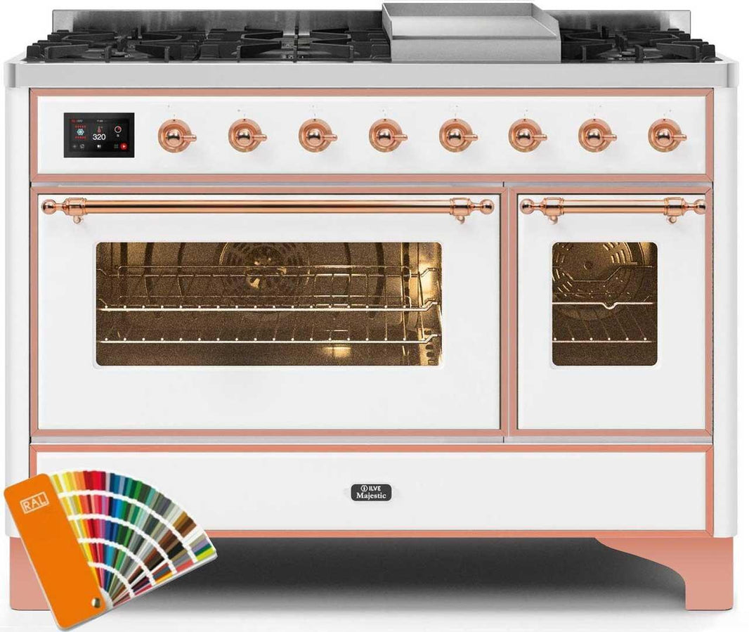 ILVE 48-Inch Majestic II Dual Fuel Range with 8 Burners and Griddle - 5.02 cu. ft. Oven - Copper Trim in Custom RAL Color (UM12FDNS3RA)