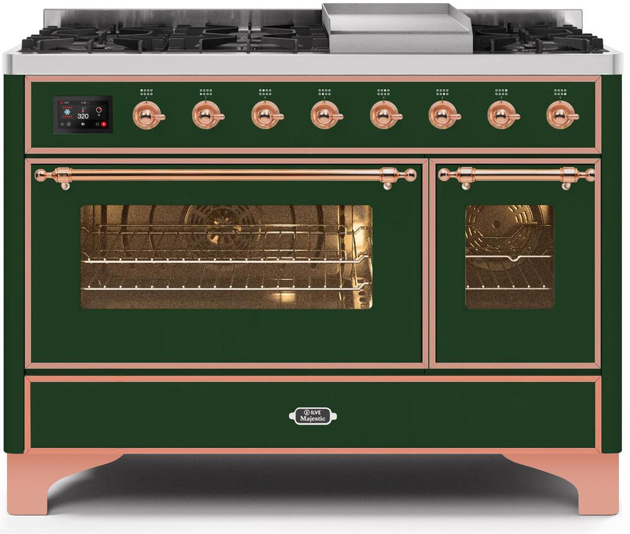 ILVE 48-Inch Majestic II Dual Fuel Range with 8 Burners and Griddle - 5.02 cu. ft. Oven - Copper Trim in Emerald Green (UM12FDNS3EGP)