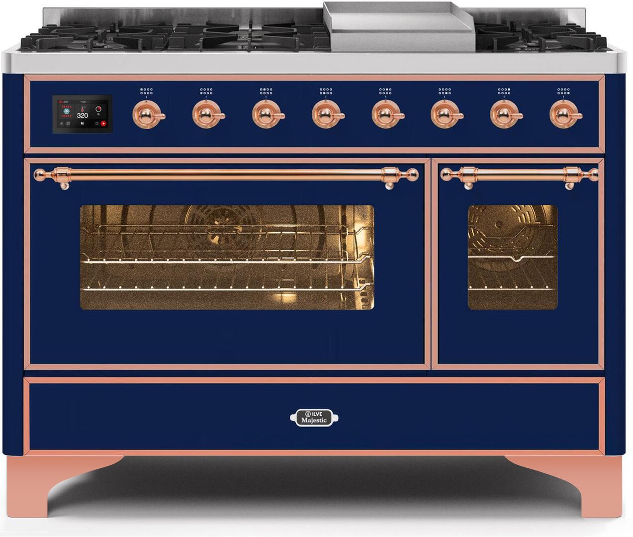 ILVE 48-Inch Majestic II Dual Fuel Range with 8 Burners and Griddle - 5.02 cu. ft. Oven - Copper Trim in Midnight Blue (UM12FDNS3MBP)