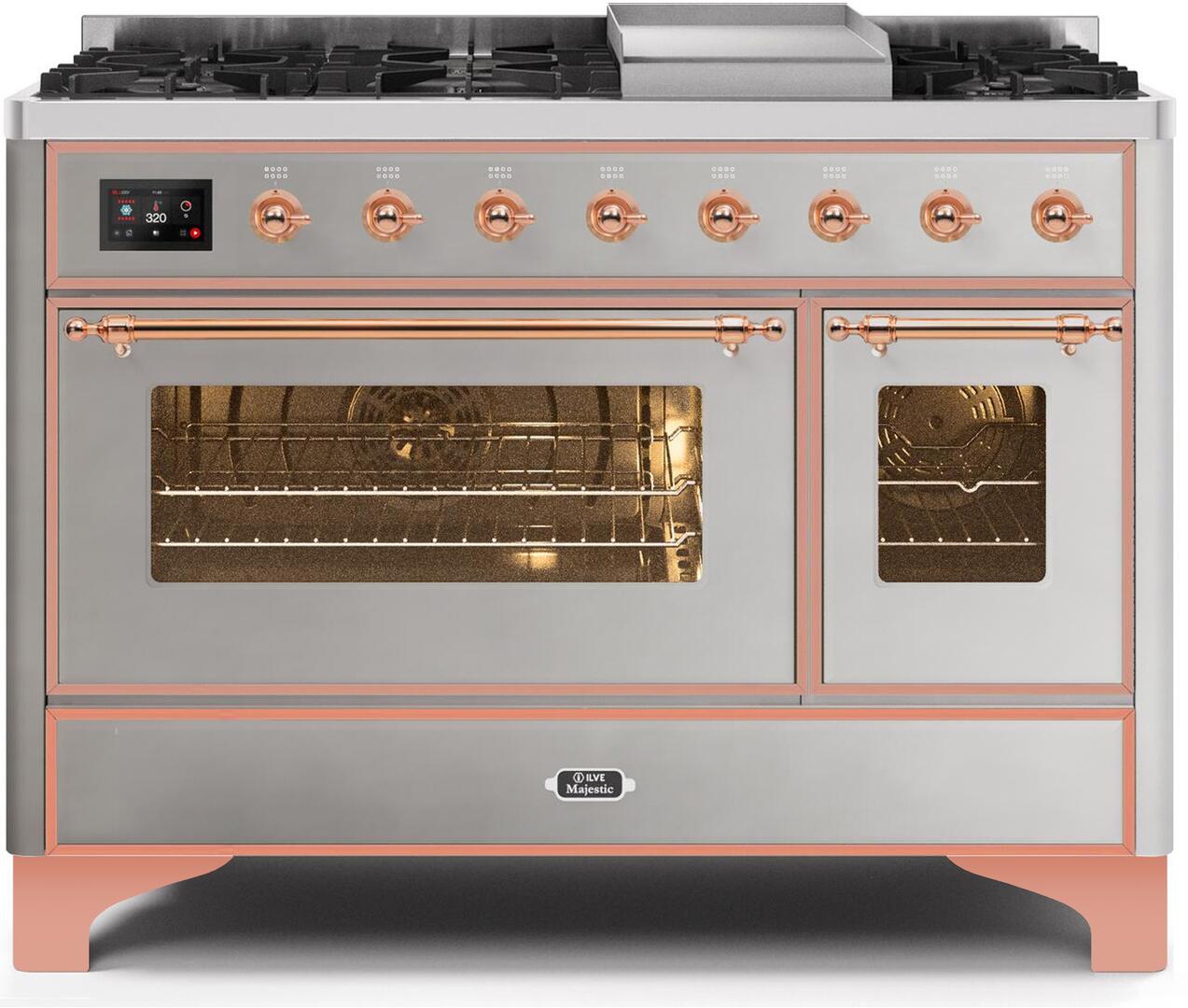 ILVE 48-Inch Majestic II Dual Fuel Range with 8 Burners and Griddle - 5.02 cu. ft. Oven - Copper Trim in Stainless Steel (UM12FDNS3SSP)