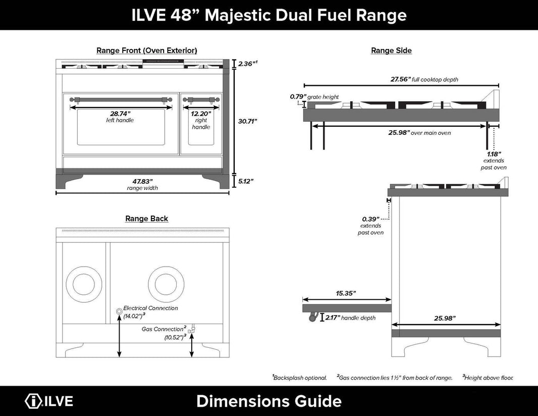 ILVE 48-Inch Majestic II Dual Fuel Range with 8 Sealed Brass Burners and Griddle - 5.62 cu. ft. Oven - Brass (UM12FDQNS3AWG)