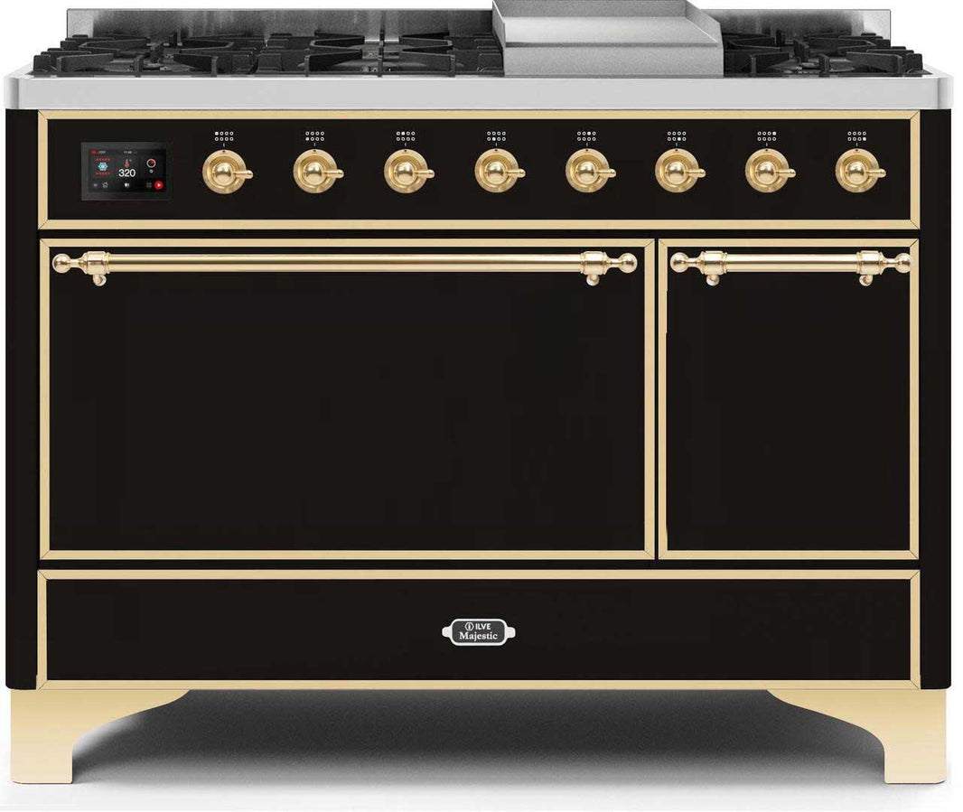 ILVE 48-Inch Majestic II Dual Fuel Range with 8 Sealed Brass Burners and Griddle - 5.62 cu. ft. Oven - Brass (UM12FDQNS3BKG)