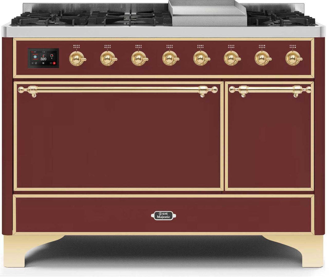 ILVE 48-Inch Majestic II Dual Fuel Range with 8 Sealed Brass Burners and Griddle - 5.62 cu. ft. Oven - Brass (UM12FDQNS3BUG)