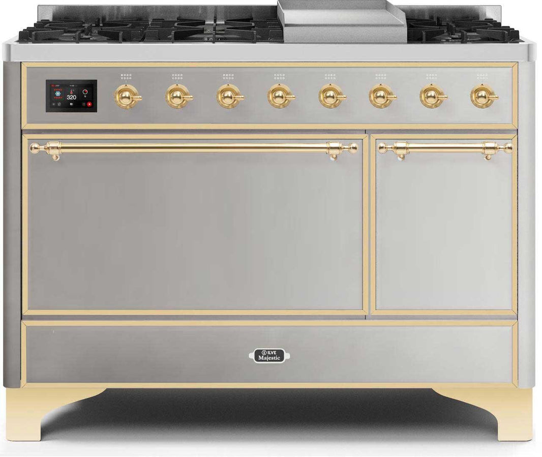 ILVE 48-Inch Majestic II Dual Fuel Range with 8 Sealed Brass Burners and Griddle - 5.62 cu. ft. Oven - Brass (UM12FDQNS3SSG)