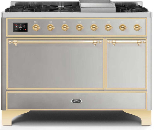 ILVE 48-Inch Majestic II Dual Fuel Range with 8 Sealed Brass Burners and Griddle - 5.62 cu. ft. Oven - Brass (UM12FDQNS3SSG)