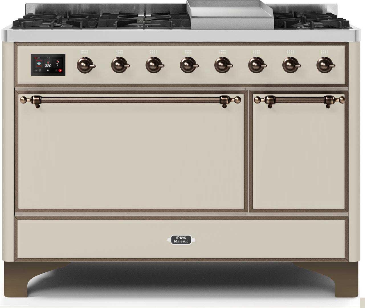 ILVE 48-Inch Majestic II Dual Fuel Range with 8 Sealed Brass Burners and Griddle - 5.62 cu. ft. Oven - Bronze (UM12FDQNS3AWB)