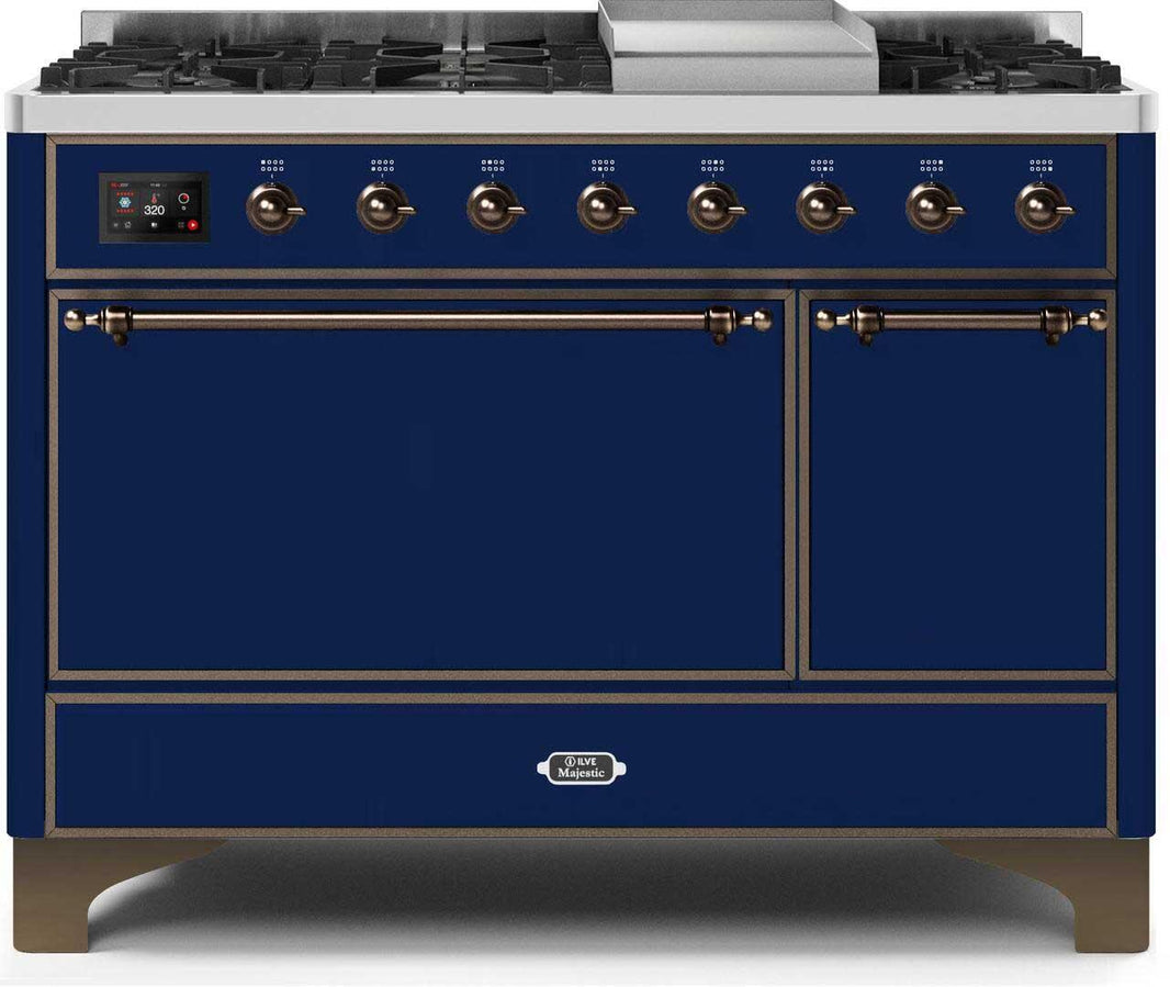 ILVE 48-Inch Majestic II Dual Fuel Range with 8 Sealed Brass Burners and Griddle - 5.62 cu. ft. Oven - Bronze (UM12FDQNS3MBB)