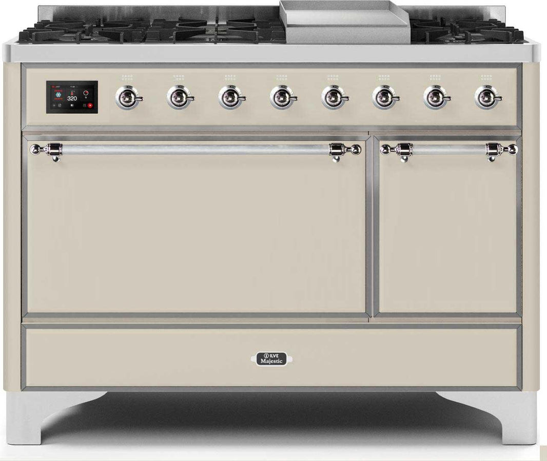 ILVE 48-Inch Majestic II Dual Fuel Range with 8 Sealed Brass Burners and Griddle - 5.62 cu. ft. Oven - Chrome (UM12FDQNS3AWC)