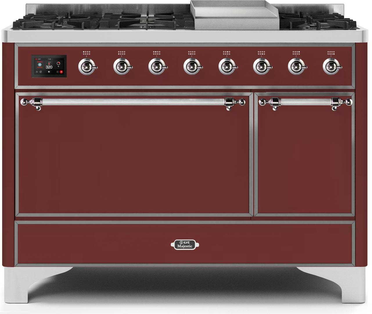 ILVE 48-Inch Majestic II Dual Fuel Range with 8 Sealed Brass Burners and Griddle - 5.62 cu. ft. Oven - Chrome (UM12FDQNS3BUC)