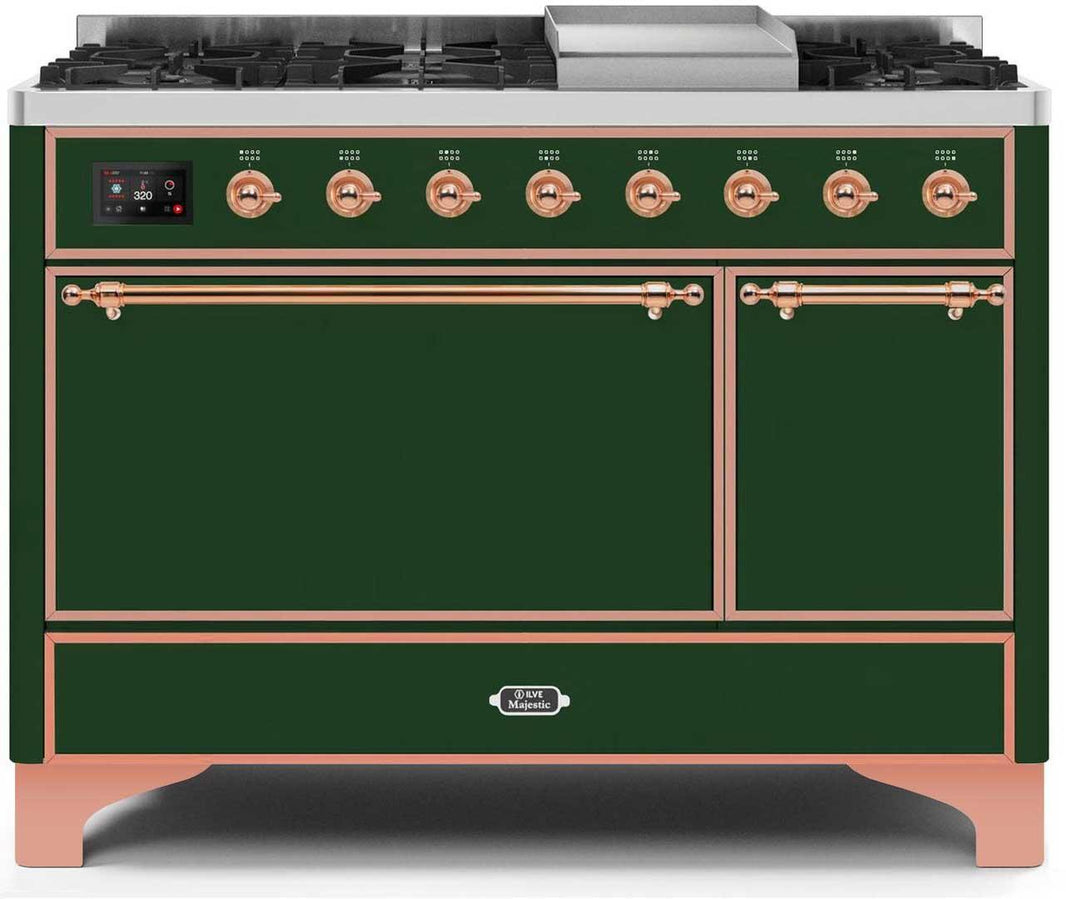 ILVE 48-Inch Majestic II Dual Fuel Range with 8 Sealed Brass Burners and Griddle - 5.62 cu. ft. Oven - Copper (UM12FDQNS3EGP)