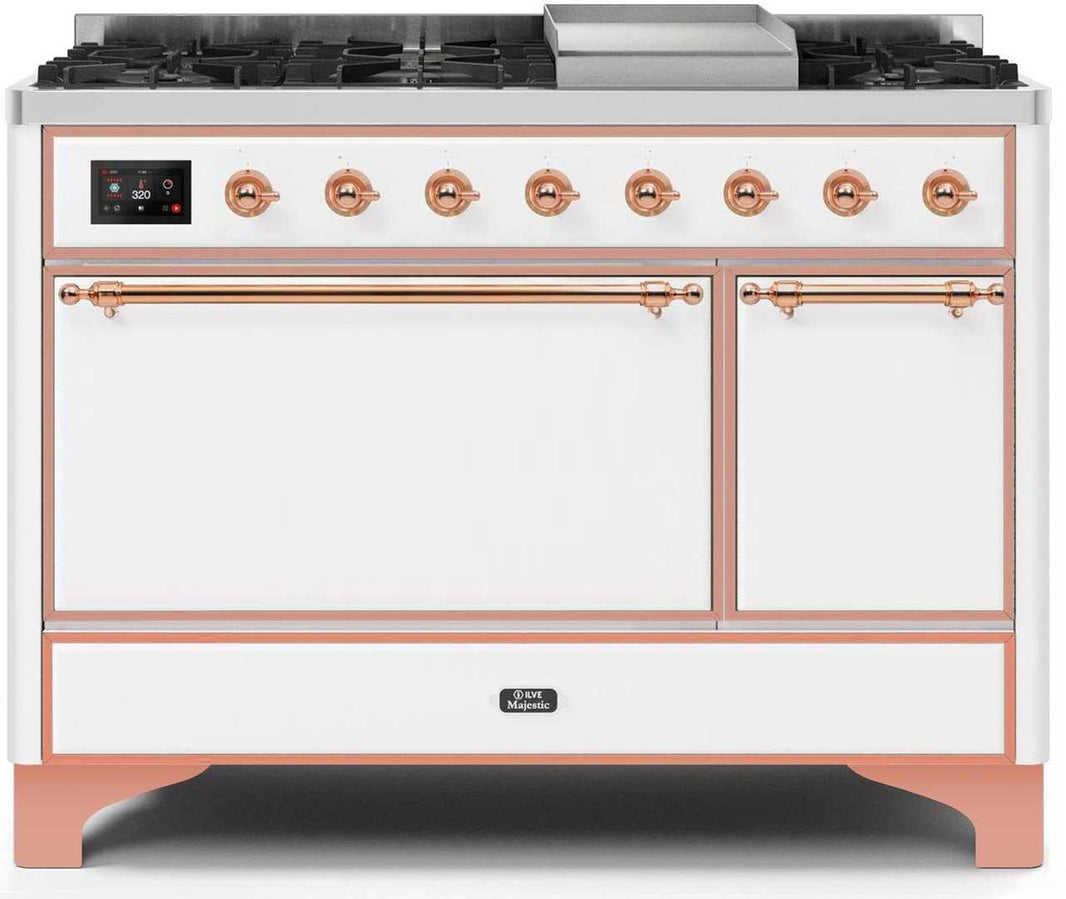 ILVE 48-Inch Majestic II Dual Fuel Range with 8 Sealed Brass Burners and Griddle - 5.62 cu. ft. Oven - Copper (UM12FDQNS3WHP)