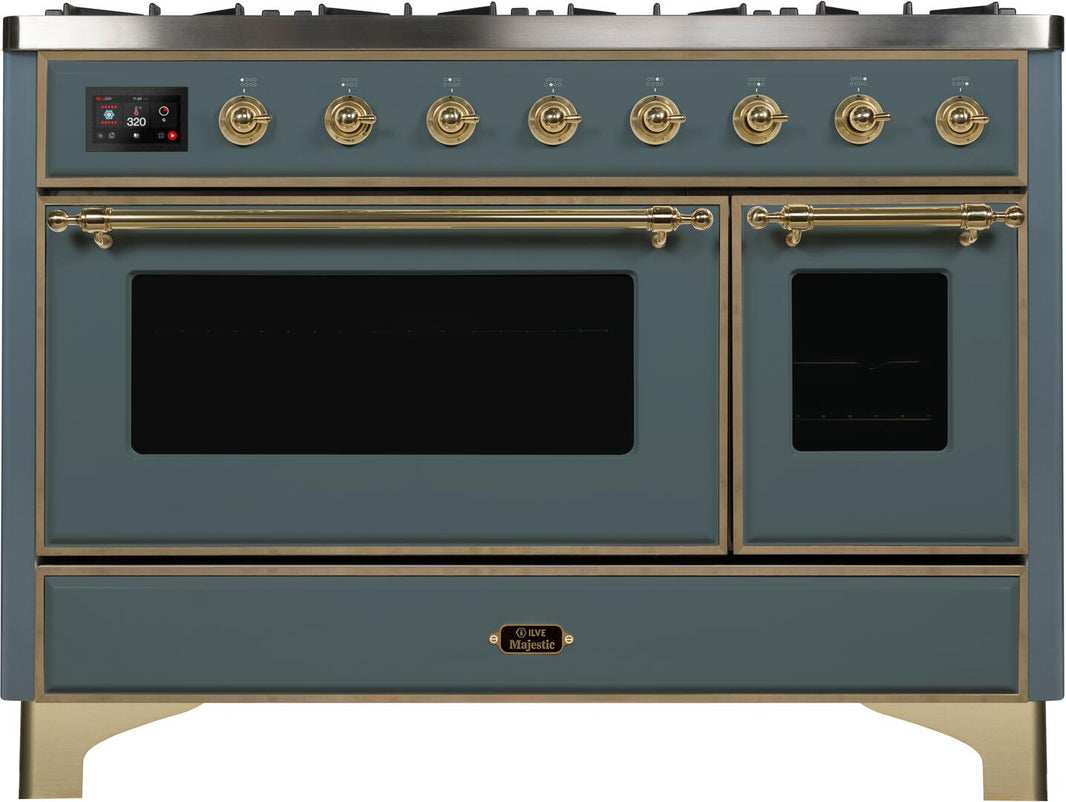 ILVE 48-Inch Majestic II Dual Fuel Range with 8 Sealed Brass Burners and Griddle - 5.62 cu. ft. Oven - in Blue Grey with Brass Trim (UM12FDNS3BGG)