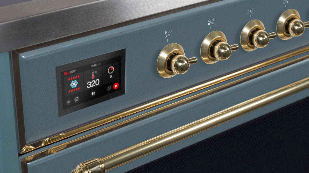 ILVE 48-Inch Majestic II Dual Fuel Range with 8 Sealed Brass Burners and Griddle - 5.62 cu. ft. Oven - in Blue Grey with Brass Trim (UM12FDNS3BGG)