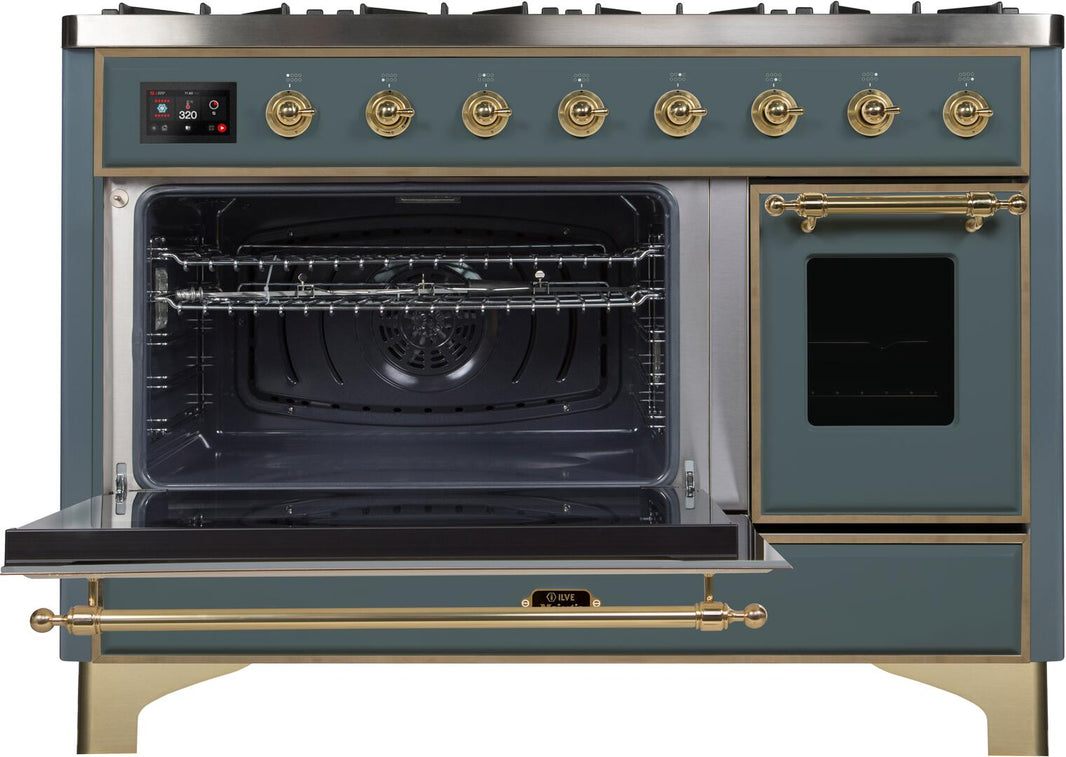 ILVE 48-Inch Majestic II Dual Fuel Range with 8 Sealed Brass Burners and Griddle - 5.62 cu. ft. Oven - in Blue Grey with Brass Trim (UM12FDNS3BGG)