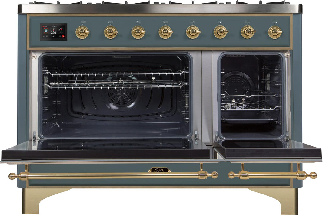 ILVE 48-Inch Majestic II Dual Fuel Range with 8 Sealed Brass Burners and Griddle - 5.62 cu. ft. Oven - in Blue Grey with Brass Trim (UM12FDNS3BGG)