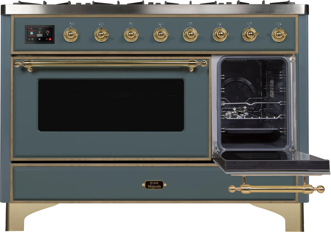 ILVE 48-Inch Majestic II Dual Fuel Range with 8 Sealed Brass Burners and Griddle - 5.62 cu. ft. Oven - in Blue Grey with Brass Trim (UM12FDNS3BGG)