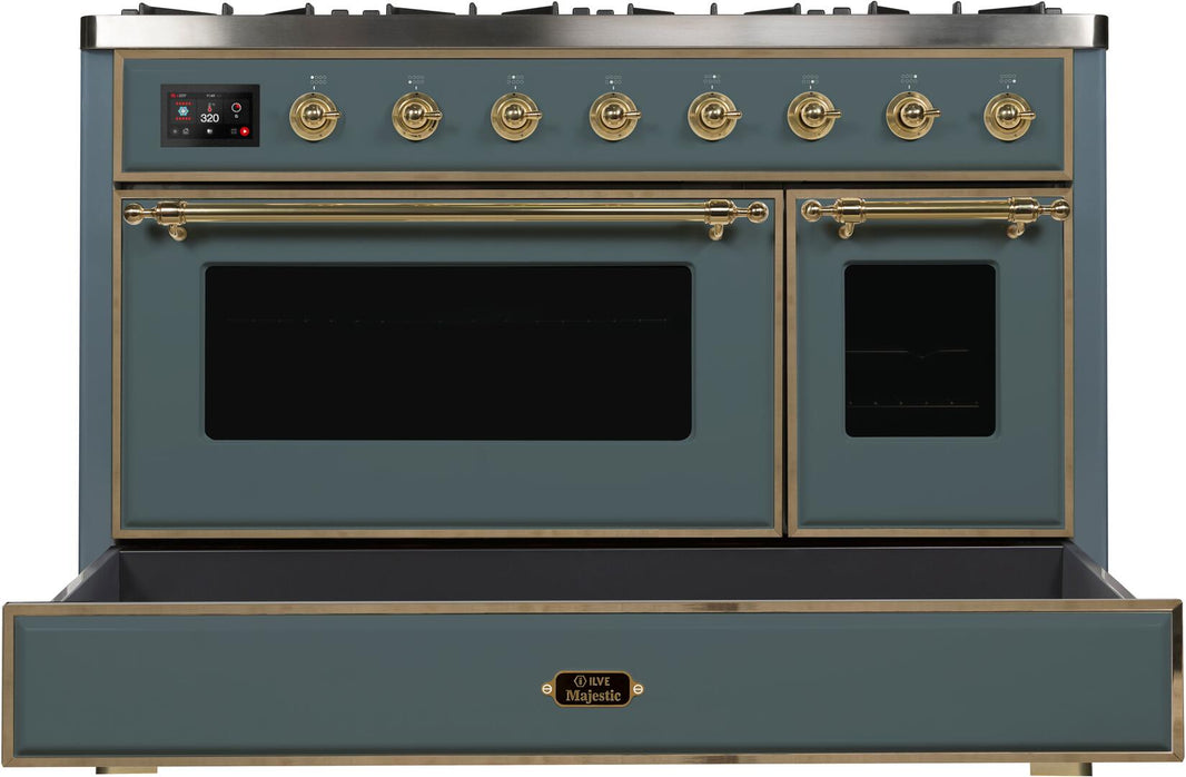 ILVE 48-Inch Majestic II Dual Fuel Range with 8 Sealed Brass Burners and Griddle - 5.62 cu. ft. Oven - in Blue Grey with Brass Trim (UM12FDNS3BGG)