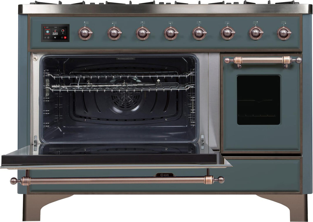 ILVE 48-Inch Majestic II Dual Fuel Range with 8 Sealed Brass Burners and Griddle - 5.62 cu. ft. Oven - in Blue Grey with Bronze Trim (UM12FDNS3BGB)