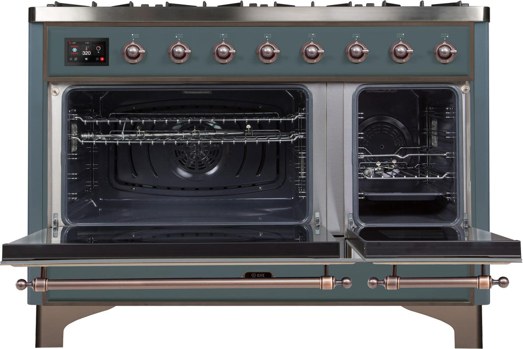 ILVE 48-Inch Majestic II Dual Fuel Range with 8 Sealed Brass Burners and Griddle - 5.62 cu. ft. Oven - in Blue Grey with Bronze Trim (UM12FDNS3BGB)