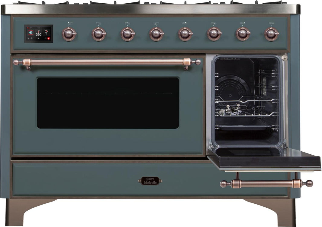 ILVE 48-Inch Majestic II Dual Fuel Range with 8 Sealed Brass Burners and Griddle - 5.62 cu. ft. Oven - in Blue Grey with Bronze Trim (UM12FDNS3BGB)