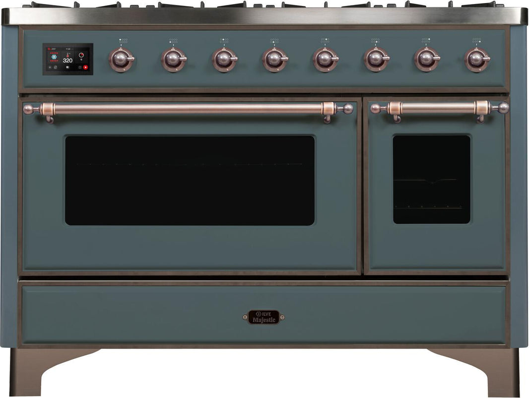 ILVE 48-Inch Majestic II Dual Fuel Range with 8 Sealed Brass Burners and Griddle - 5.62 cu. ft. Oven - in Blue Grey with Bronze Trim (UM12FDNS3BGB)