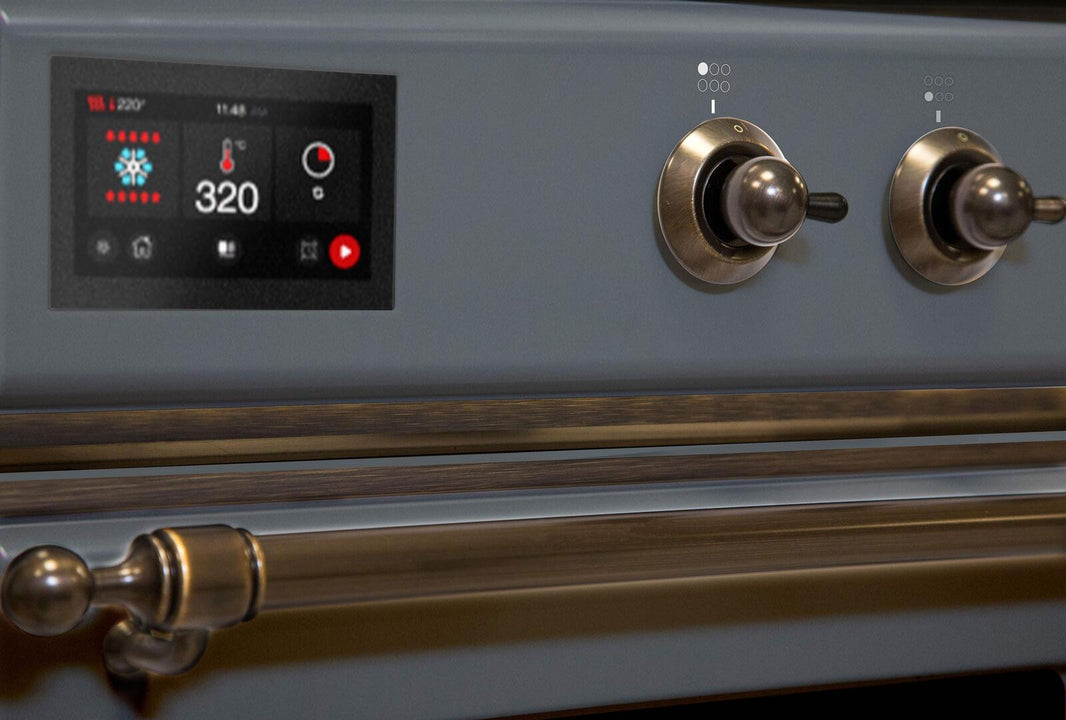 ILVE 48-Inch Majestic II Dual Fuel Range with 8 Sealed Brass Burners and Griddle - 5.62 cu. ft. Oven - in Blue Grey with Bronze Trim (UM12FDNS3BGB)