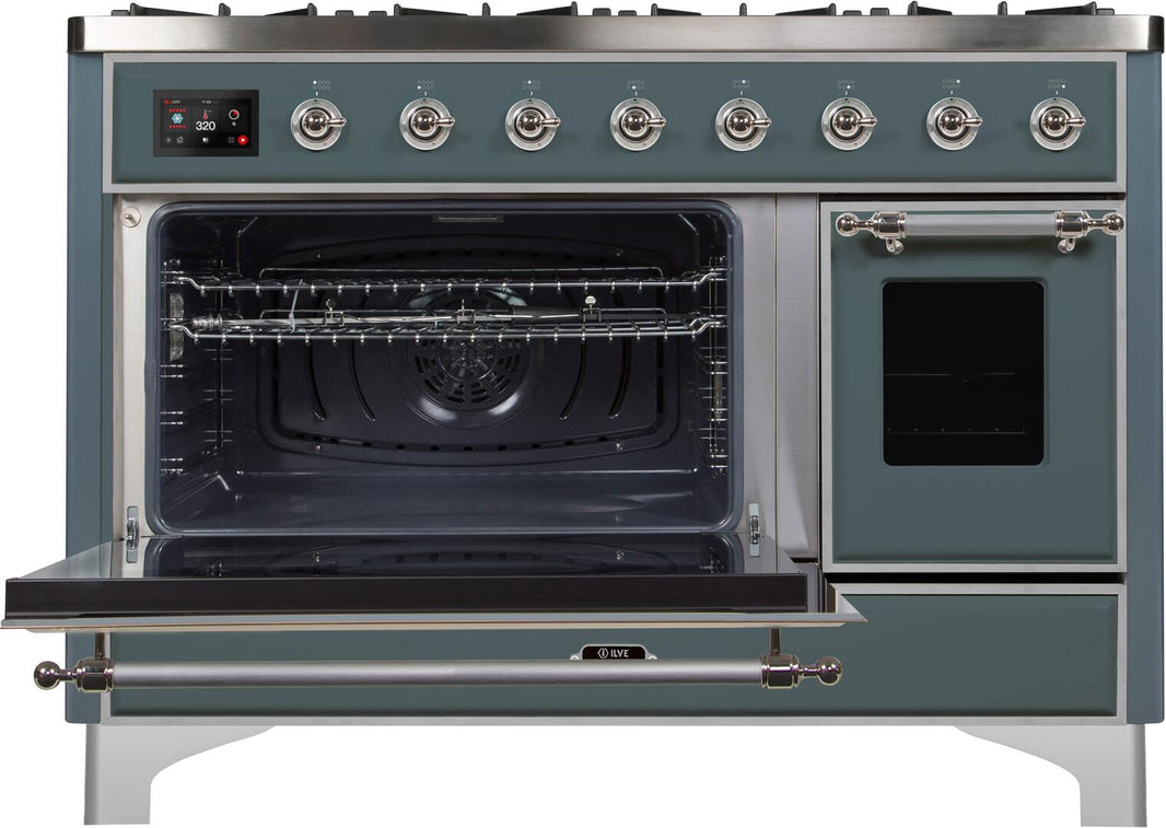 ILVE 48-Inch Majestic II Dual Fuel Range with 8 Sealed Brass Burners and Griddle - 5.62 cu. ft. Oven - in Blue Grey with Chrome Trim (UM12FDNS3BGC)