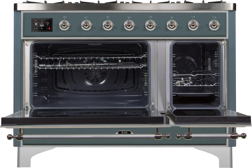 ILVE 48-Inch Majestic II Dual Fuel Range with 8 Sealed Brass Burners and Griddle - 5.62 cu. ft. Oven - in Blue Grey with Chrome Trim (UM12FDNS3BGC)