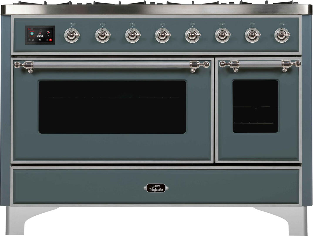 ILVE 48-Inch Majestic II Dual Fuel Range with 8 Sealed Brass Burners and Griddle - 5.62 cu. ft. Oven - in Blue Grey with Chrome Trim (UM12FDNS3BGC)